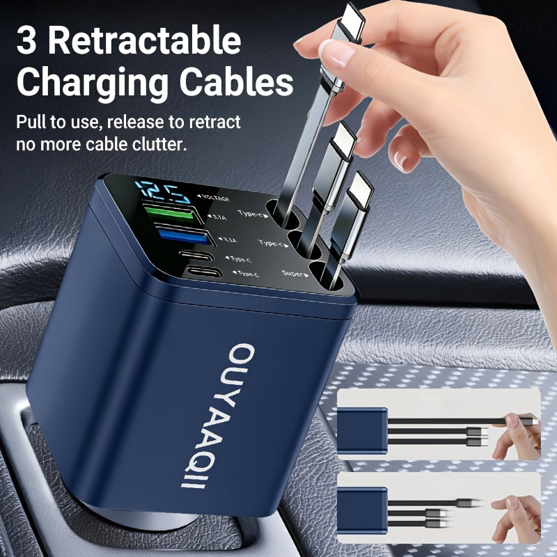 OUYAAQII 7-in-1 Fast Car Phone Charger/with 3 Retractable Cables And A Fast Charging Port/can Be Freely Adjusted In 180° Direction/features LED Intelligent Digital Display