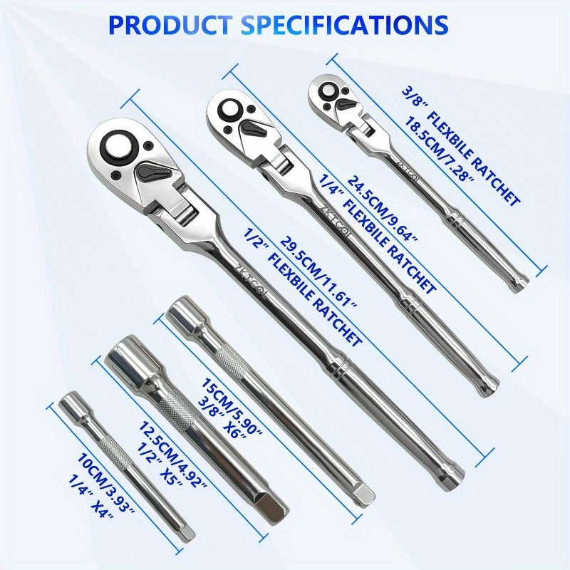 10pcs Flex Head Ratchet Set, 1/ 4", 3/ 8", 1/ 2" Drive, Swivel Head Ratchet Wrench with Extension Bar