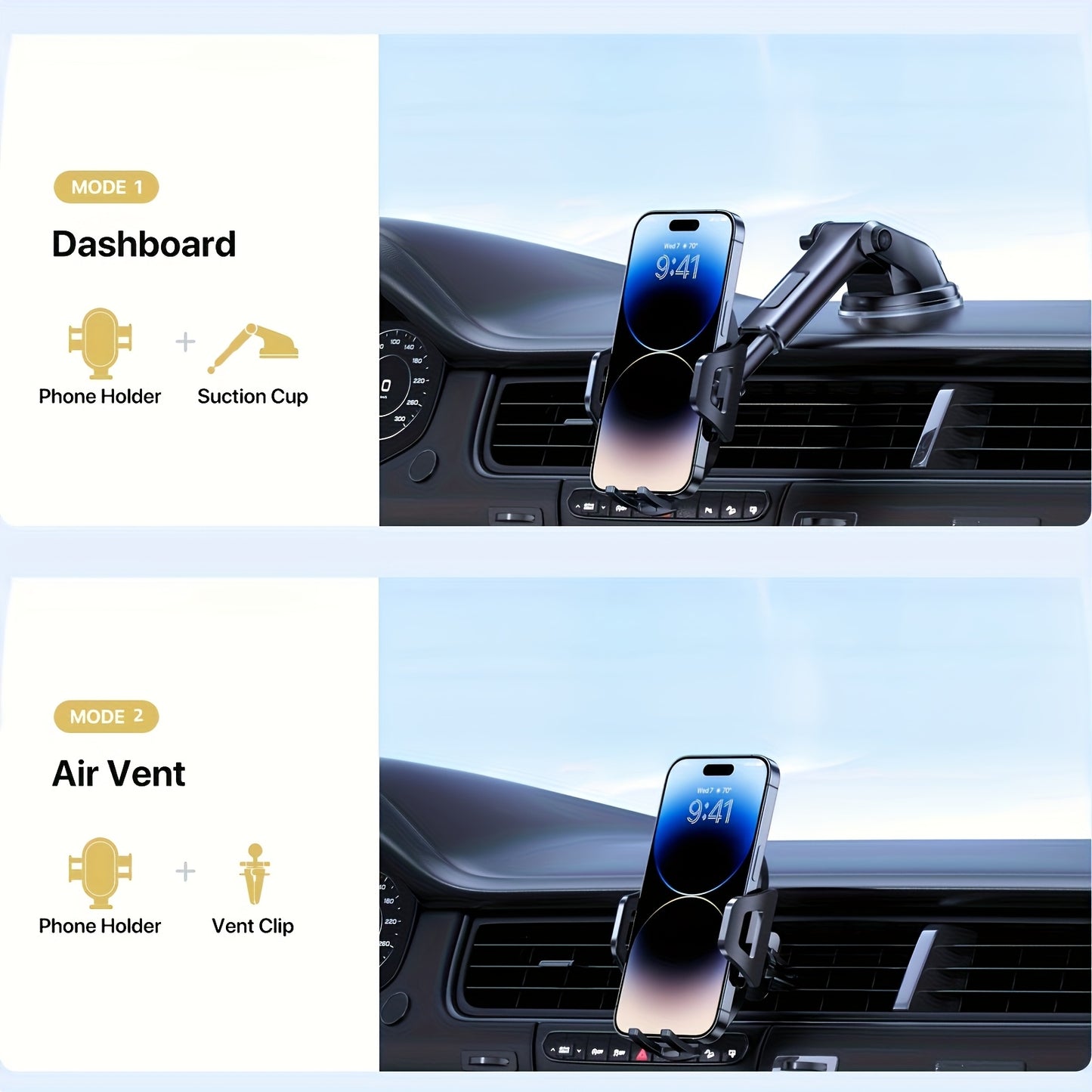 3-in-1 Car Phone Holder, Adjustable Hands-Free Mount for iPhone Samsung Google Pixel & 4"-7.2" Phones, Sturdy Suction Cup with Ergonomic Grip, Black, Modern Design with Textured Grip Surface, Perfect Car Accessory Gift