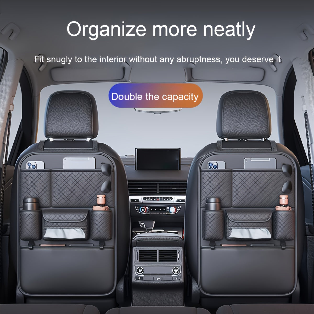 1pc High Quality Black Car Seat Back Organizer - Large Capacity PU Leather Storage Bag for Water Bottles, Tablets, Laptops And Accessories, Stylish Multi Compartment Backseat Organizer for Easy Car Storage
