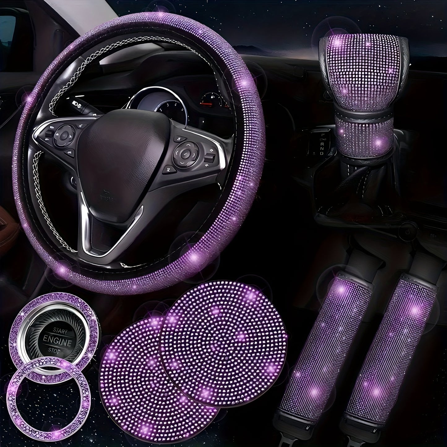 Set of 8 Sparkly Car Additions for Women, Including a Glittery Steering Wheel Cover, Shiny Car Coasters, Belt Shoulder Pads, Ring Emblem Sticker, And Gear Shift Cover