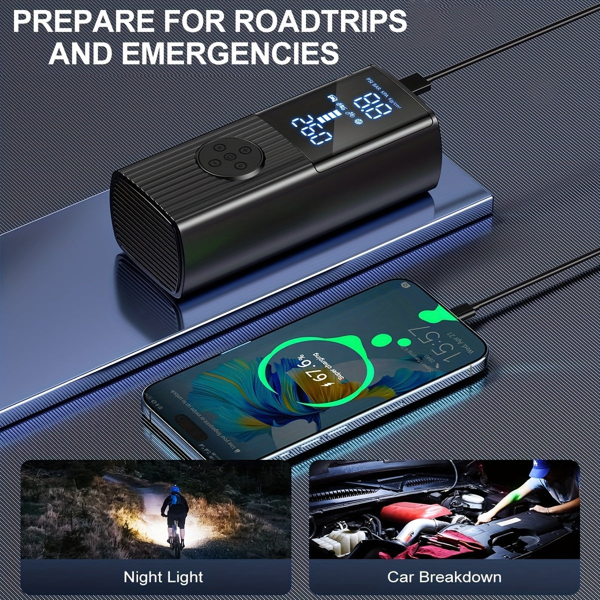 Portable Tire Inflator with Digital Pressure Gauge, Car Tire Pump, 210 PSI, 22 Cylinders, Rechargeable Battery, LED Light, Cordless Air Pump, Wireless Bicycle Tire Pump, Suitable for Cars, Motorcycles, Bicycles, Balls, Etc., New