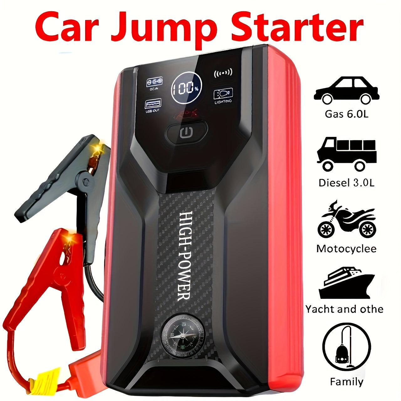 Wireless Car Jump Starter, Battery Jump Starter Portable Peak, Portable Car Battery Charger 12V (8.0L GAS/1.72 Gallon Diesel) Quick Car Start, USB Input/output, LED Emergency, Car Accessory Tool