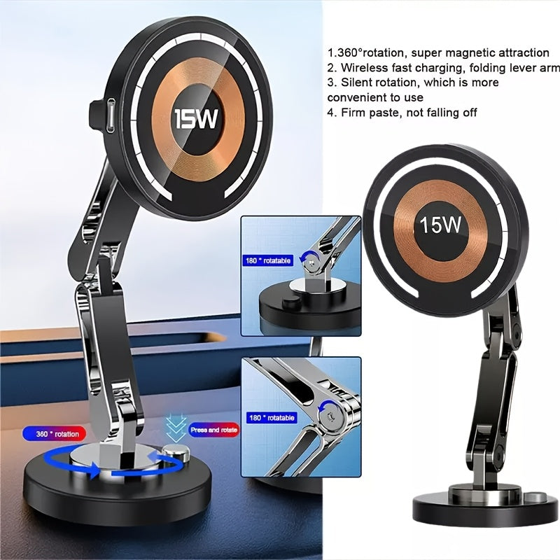 Magnetic Car Mount with 15W Fast Charging, 360° Rotation, Universal Compatibility, Foldable Stand, and Super Magnetic Attraction for Most Smartphones, Without Battery