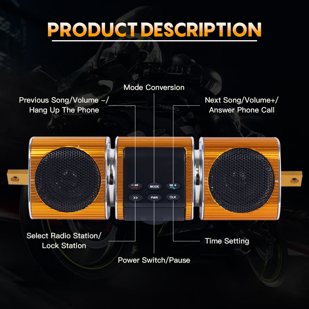 Motorcycle Sound Bar with Built-in Amplifier - Wireless, USB Inputs, 12V Metal MP3 Player Great for ATV, Scooter Bike, 12 Volt Off-Road Bikes, Without Battery