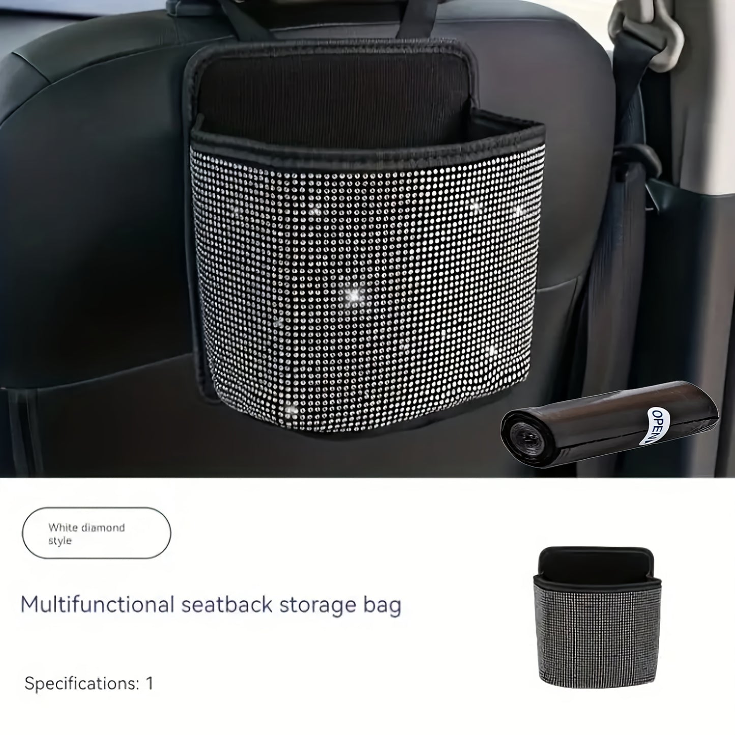 2pcs/set Sparkling Bling Rhinestones Car Trash Can+1pc Trash Bag- Durable & Convenient Hanging Storage Bag For Seat Back - Multifunctional, Space-Saving Car Interior Accessory, Premium Quality