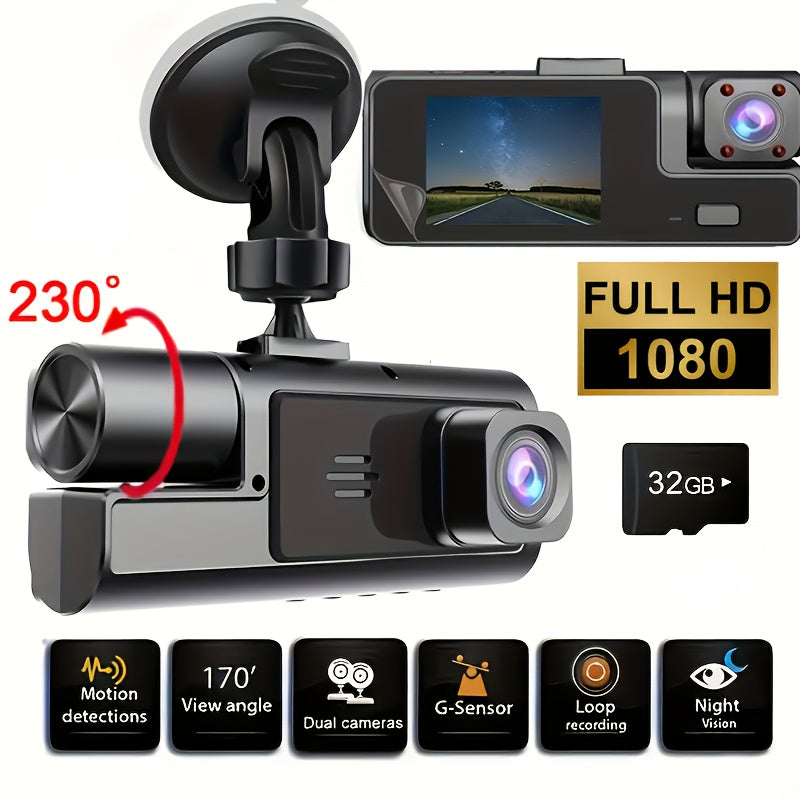 1080P Triple Camera Dash Cam, Car Camera with IR Night Vision, 170° Wide Angle Car DVR Camera, 16GB/32GB TF Card Optional, Loop Recording, G-Sensor | 2-Inch IPS Screen Dual Lens Car Dashboard Video Cam, 24H Parking Mode, Christmas Gift