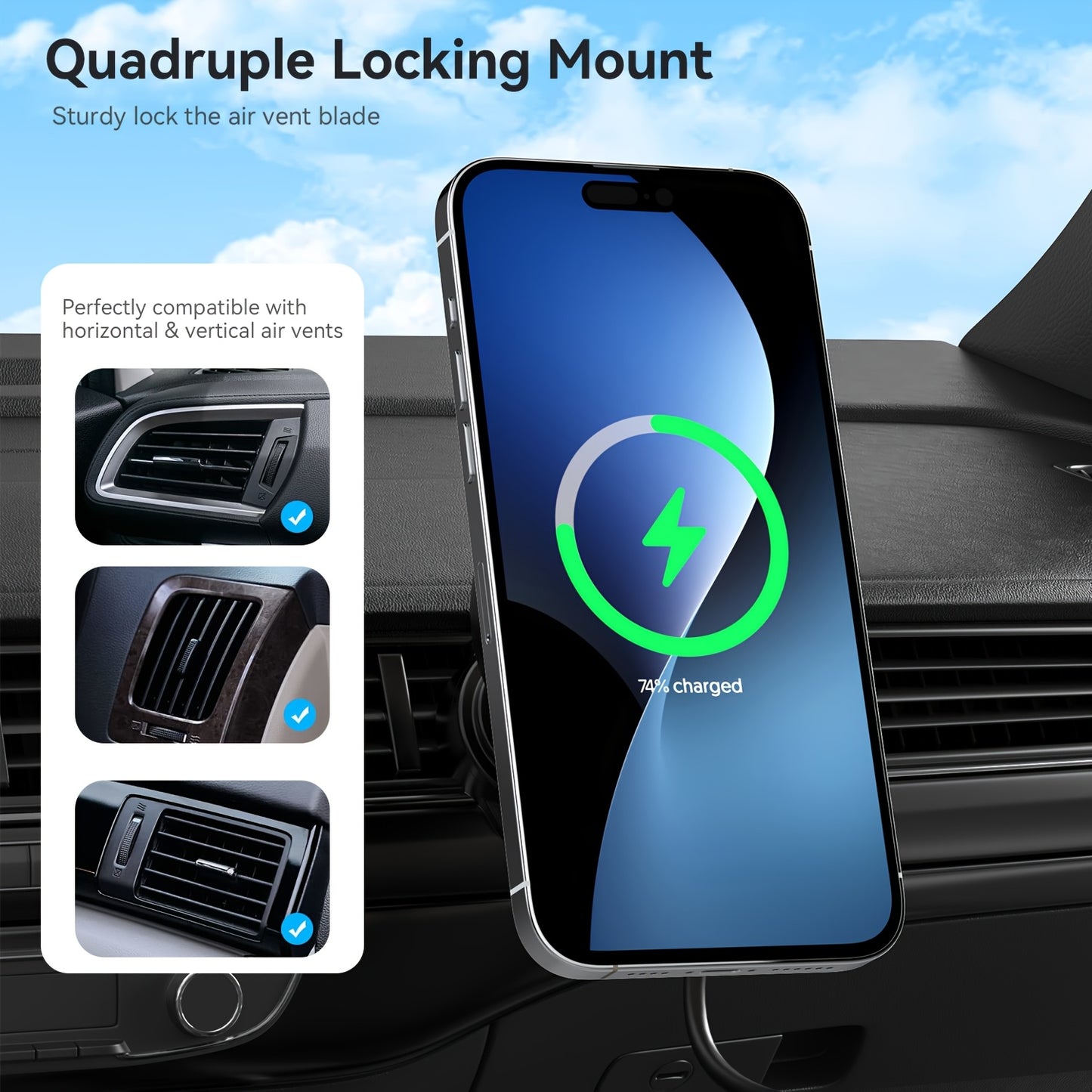 For Magsafe Car Mount, 15W Magnetic Wireless Charger for Iphone, Magsafe Air Vent Car Holder Charger for Iphone 16/15/14 13 12 Pro Max Mag Safe Case, LED Design, Without Battery
