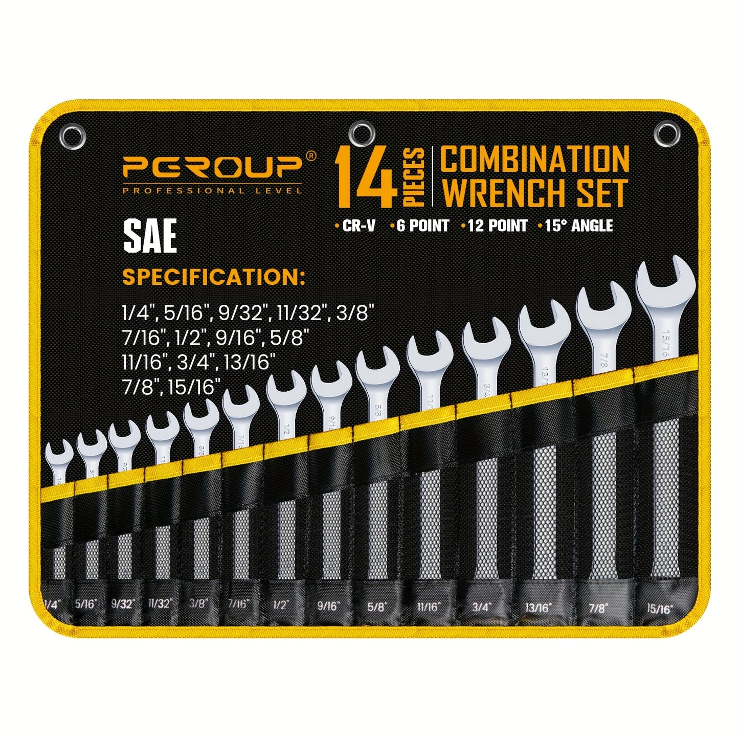 32pcs SAE & Metric Combo Wrench Set (20 Long & 12 Short-Reach Wrenches), 14pcss Premium Metric (6 - 19mm) & 14pcss SAE (1/4" - 15/16") Combo Wrenches With Open & 12-Point Box Ends, CR-V Steel, Mirror Chrome Polished