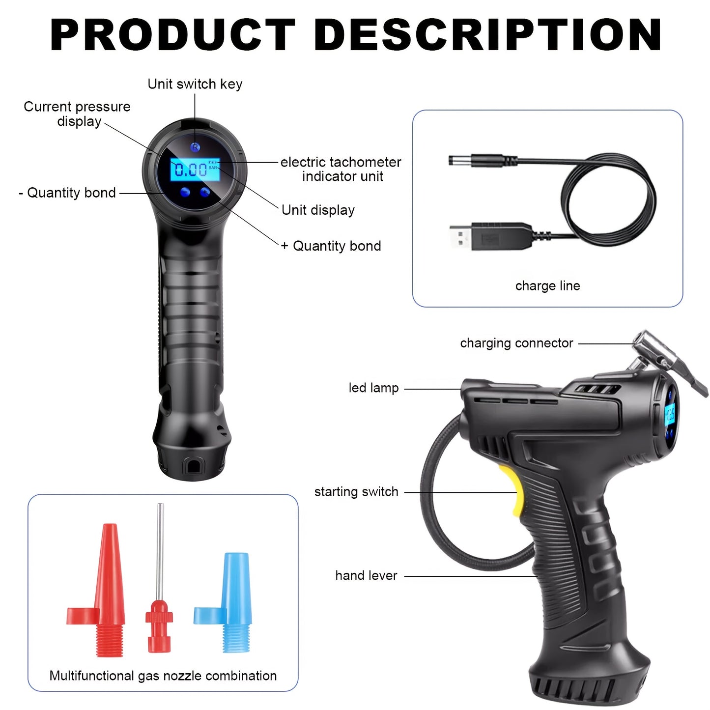 5200mah Wireless Rechargeable Air Compressor, Portable And Automatic Tire Inflator For Your Car, Bicycle And All Kinds Of Balls, Tire Inflator, Car Tire Air Pump, Tire Pressure Gauge, Portable Air Compressor, Air Pump, Tire Pump, Air Compressor