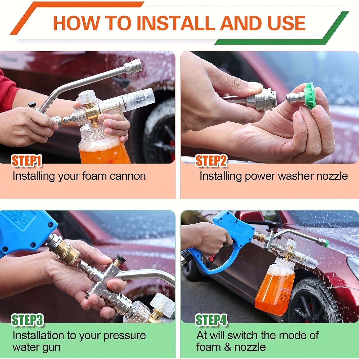 Pressure Washer Foam Soap Cannon Dual Connector Accessory - Power Wand With 5 Nozzle Tips And 1/4" Quick Connect For Car Wash - 5000PSI