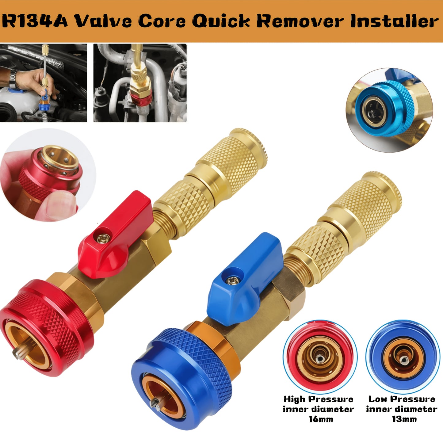 Quick Remover And Installer for 2pcs R134A Valve Cores, Featuring High Pressure (Red) And Low Pressure (Blue) Tools for Refrigerant Air Conditioning Systems