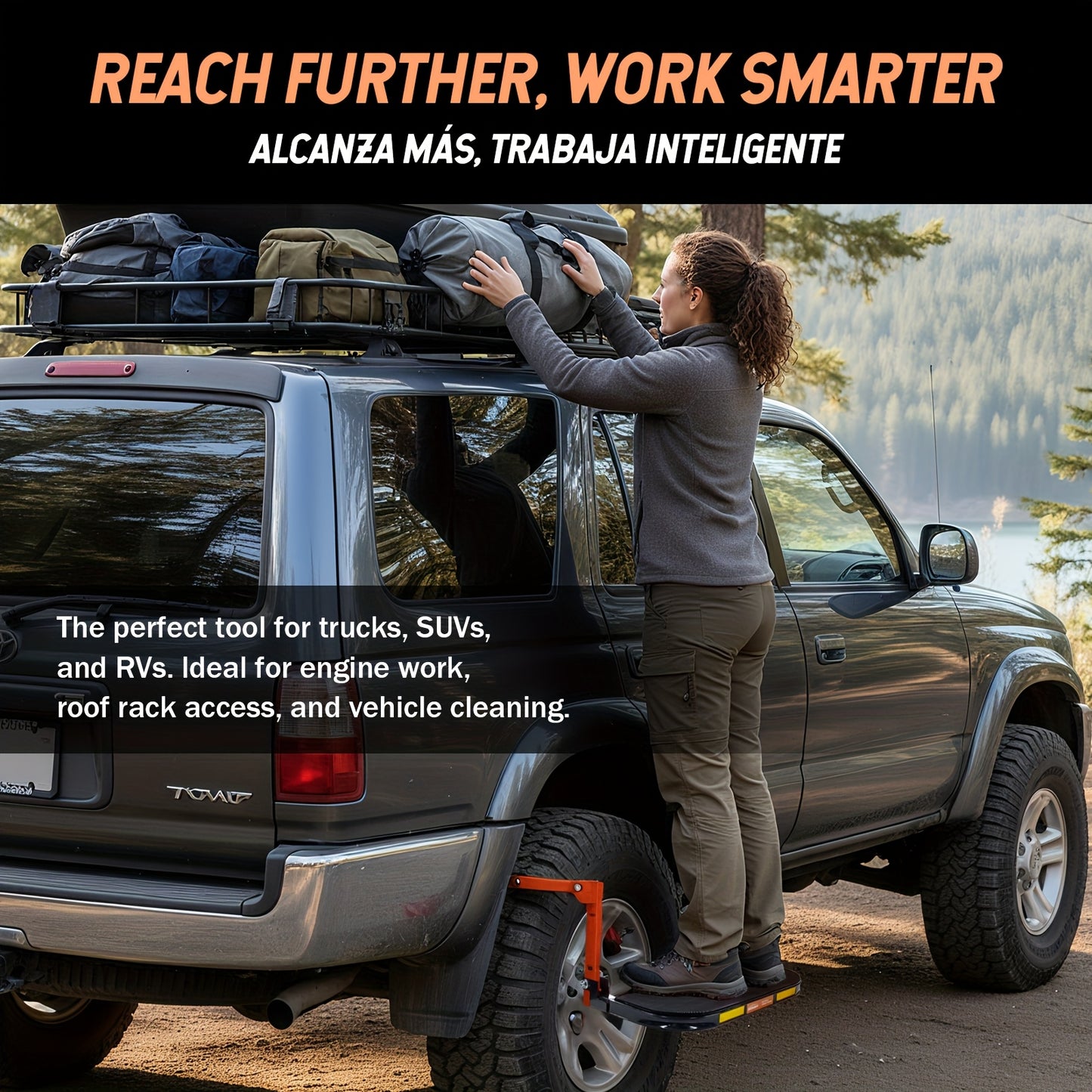 Heavy Duty Foldable Tire Steps with Anti-Slip Texture, Adjustable Height, 300/650 Lbs Load Capacity, Fits Tires Up to 13.5In Wide, Portable Telescopic Ladder for Roof Rack & Roof Climbing, Universal Car Additions for Truck SUV Trailer