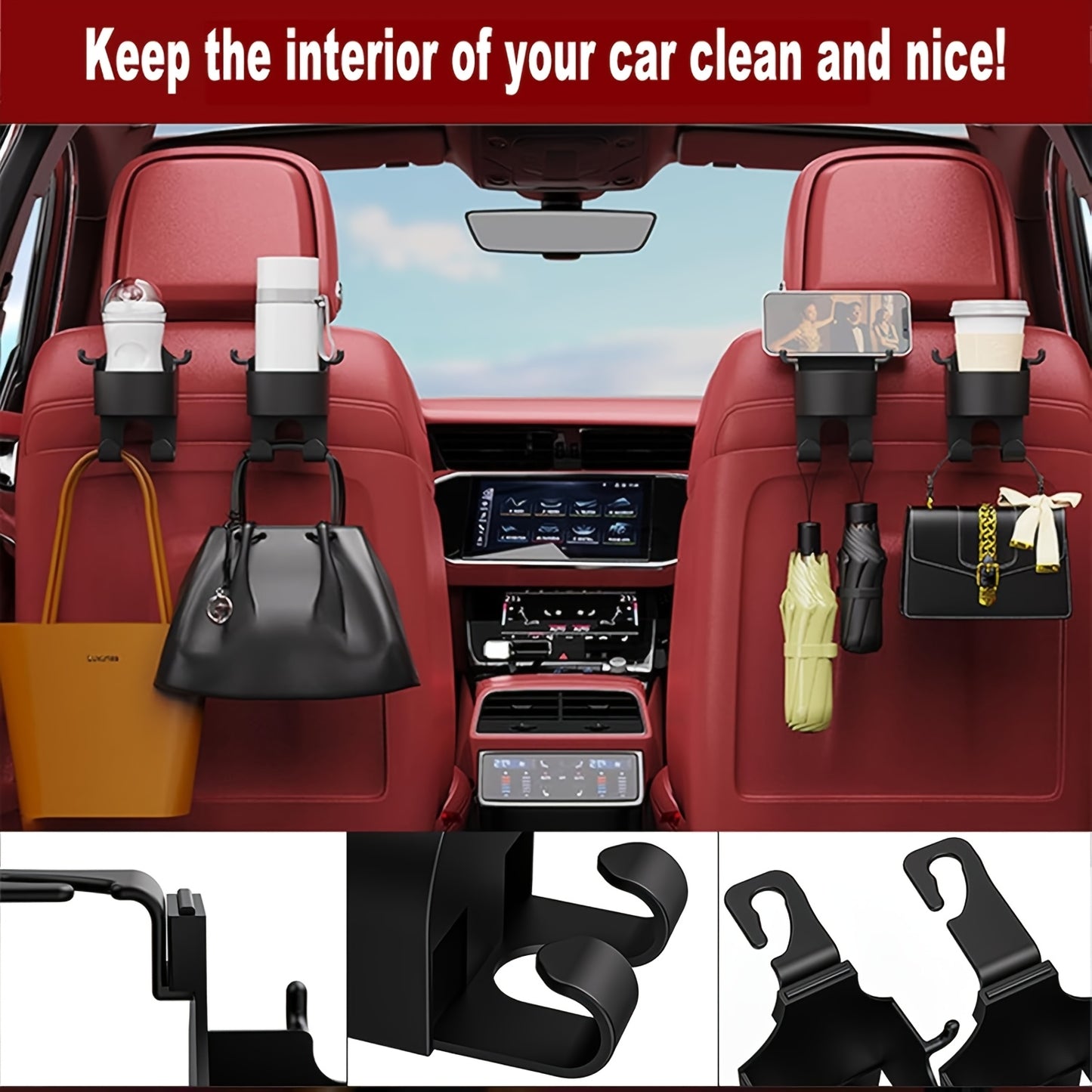 4pcs Multi-Function Car Seat Back Hook, Multi-Functional Car Seat Rear Hook, 2-In-1 Car Hook with Cup Holder- Essential Auto Interior Organizer Additions, Car Seat Headrest Hooks, Mini Car Trash Can