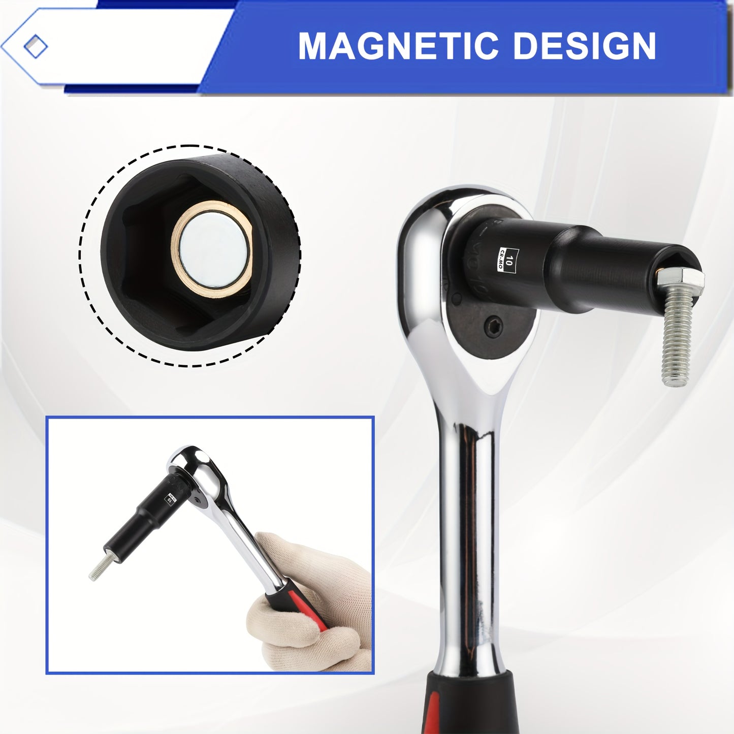 13pcs 3/8" Drive Magnetic Impact Socket Set, 6 Point, CR-MO, Deep, Metric, 7Mm, 8Mm, 9Mm, 10Mm, 11Mm, 12Mm, 13Mm, 14Mm, 15Mm, 16Mm, 17Mm, 18Mm, 19Mm, with Storage Rails, Connect The Impact Tool to Use, Tight Connection