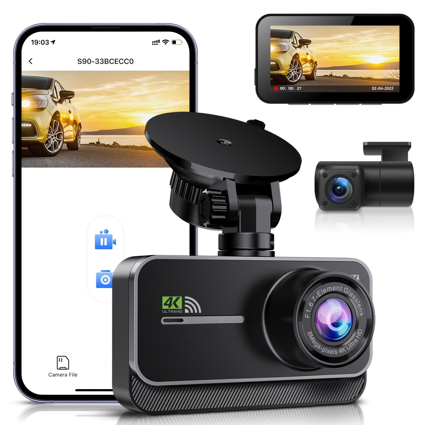 4K Dashboard Camera for Vehicles with WIFI, Video Recording Capabilities, Rear View Camera, Night Vision, And Parking Monitoring (Includes 64GB Memory Card)