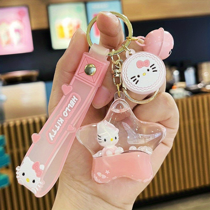 2D Flat, Cute KT Cat Quicksand Keychain Female Creative Cartoon Doll Student School Bag Pendant Car Key Chain Trinkets