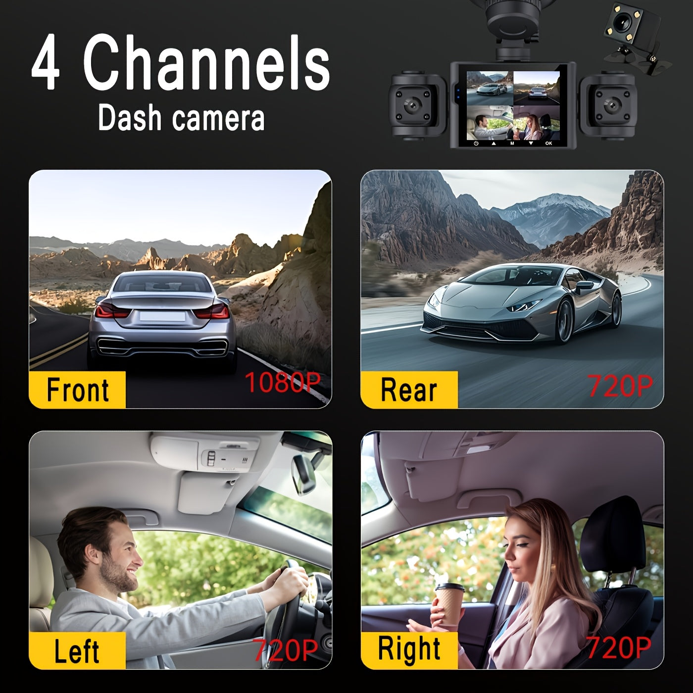 BCUOZ 360° Panoramic 3/4-Channel 1080P Full HD Ultimate Safety Dash Cam Set, 1080P Front + 720P Rear/Left/Right All-Round Coverage, 2.4" Quad-Screen Split Display, Super Night Vision, WDR, G-Sensor, Loop Recording - Auto Parts/ Car Dashboard Camera/