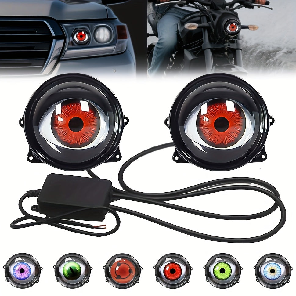 1/2pcs LED Dynamic Devil's Eyes, 6-Mode Adjustable Demon Eye Lights with Lens, 12V Off-road Atmosphere Lighting Kit, Cool Automotive Decoration, Perfect for Car Mods & Birthday Gifts