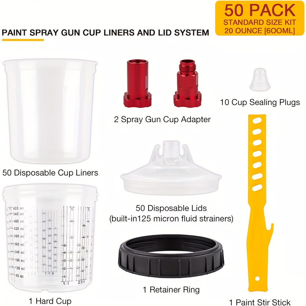 Set of 50 Disposable 20.29oz PPS Cups with Liners And Lids for Paint Spray Guns, Including Mixing Cups for HVLP Sprayers, a 2-Cup Adapter, And a Paint Stirrer, Perfect for Automotive Painting