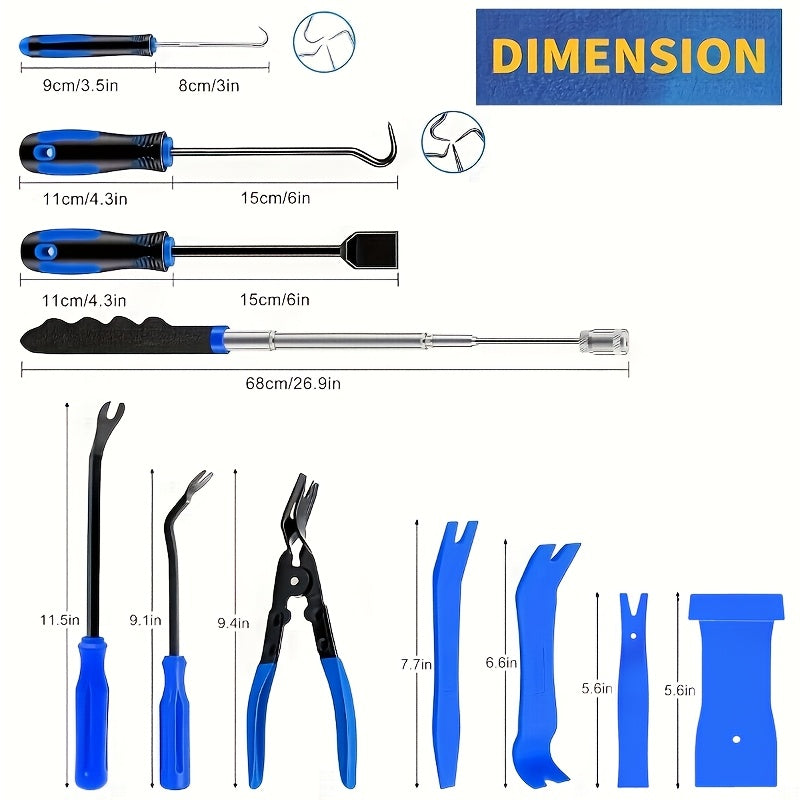 17pcs Professional Auto Trim Removal Tool Kit - with Picks, Pry Tools, Metal Scraper & Magnetic Telescopic Pickup for Car Dash, Panel, Bicycle Maintenance