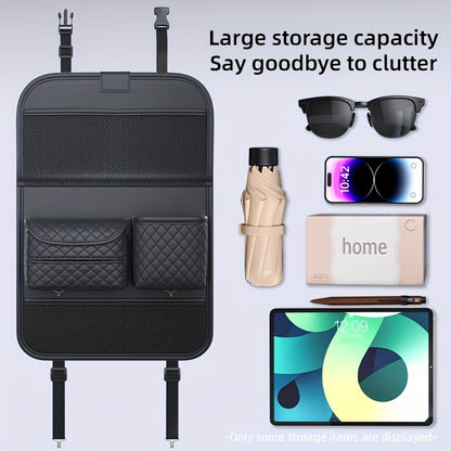 2025 New Spacious Faux Leather Car Seat Back Storage Bag | Foldable Organizer Featuring Tablet Holder, Cup Holder & Mesh Pocket, Versatile Car Seat Back Organizer for Rear Seats, Perfect Gift