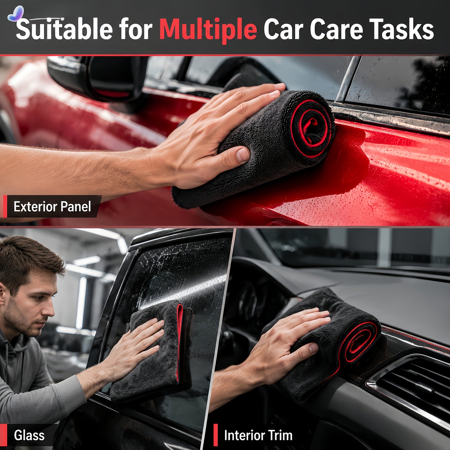 2pcs XXL Extra Large Microfiber Drying Towel With Twist Ring Design - Super Absorbent Thickened Technology Suitable For Cars, Trucks, Boats - Red And Gray Detail Cloth, Professional Look | Highly Absorbent Material