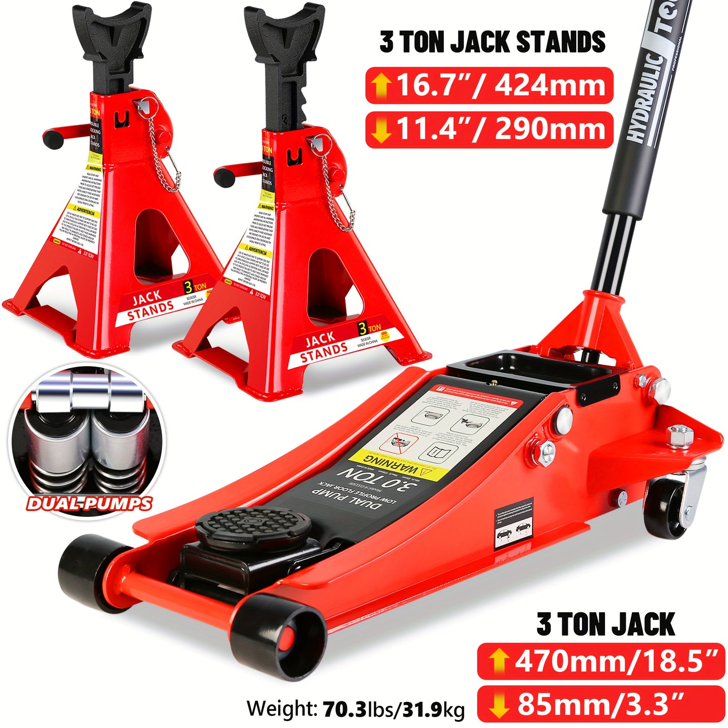 2/2.5/3 Ton Capacity, Jack Kit Low Profile Hydraulic Trolley Service/Floor Jack Combo, Multiple Meal Plans to Choose from 3 Ton Jack Stands 2PCS, Tire Repair Kit, 14-inch Wheel Cross Wrench, Wheel Chock, Jack Accessories Red/Blue
