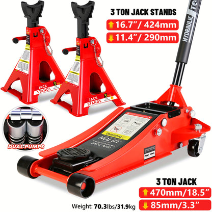 2/2.5/3 Ton Capacity, Jack Kit Low Profile Hydraulic Trolley Service/Floor Jack Combo, Multiple Meal Plans to Choose from 3 Ton Jack Stands 2PCS, Tire Repair Kit, 14-inch Wheel Cross Wrench, Wheel Chock, Jack Accessories Red/Blue