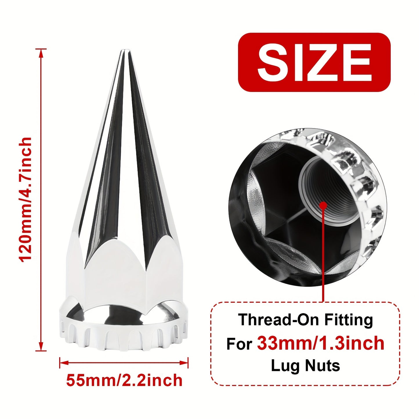 (60pcs 40pcs) 33mm X 4 3/4" Chromed Spike Lug Nuts Covers Screw On, ABS Chrome Caps Pointed Screw On Lug Nut Cover for Semi Trucks