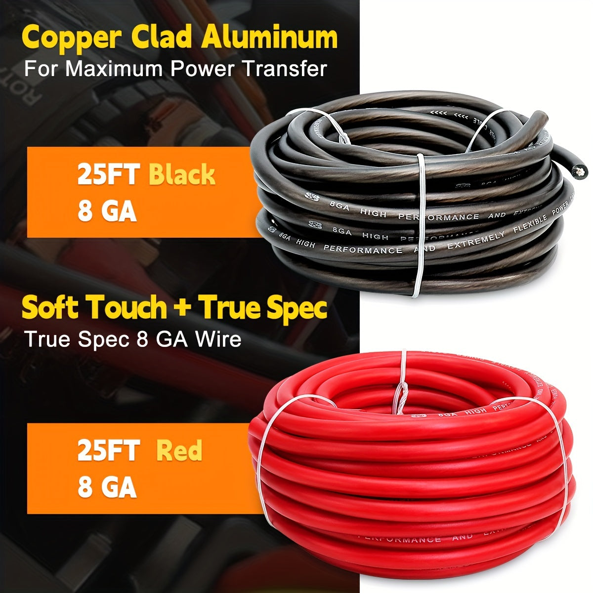 8 Gauge Wire 50ft CCA Wire, (25ft Black+25ft Red) Automotive Wire Car Audio Battery Cable, Power/Ground Wire, Marine, Welding Cable, Electrical Wire Audio Wiring For Speaker Amp car accessories