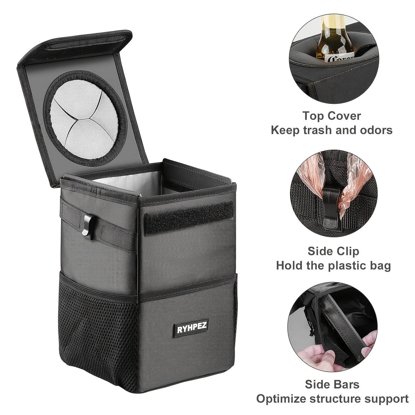 Ryhpez Car Trash Can with See Through Window, Clear Black Car Trash Bin Removable Liner, Leakproof Car Garbage Can Organizer Storage Bag for Vehicles, SUV, Truck(2.1Gallon/8L)