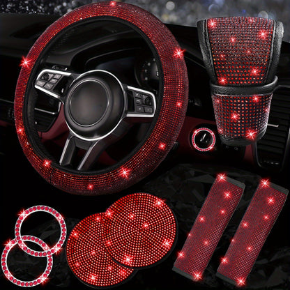 Set of 8 Sparkly Car Additions for Women, Including a Glittery Steering Wheel Cover, Shiny Car Coasters, Belt Shoulder Pads, Ring Emblem Sticker, And Gear Shift Cover