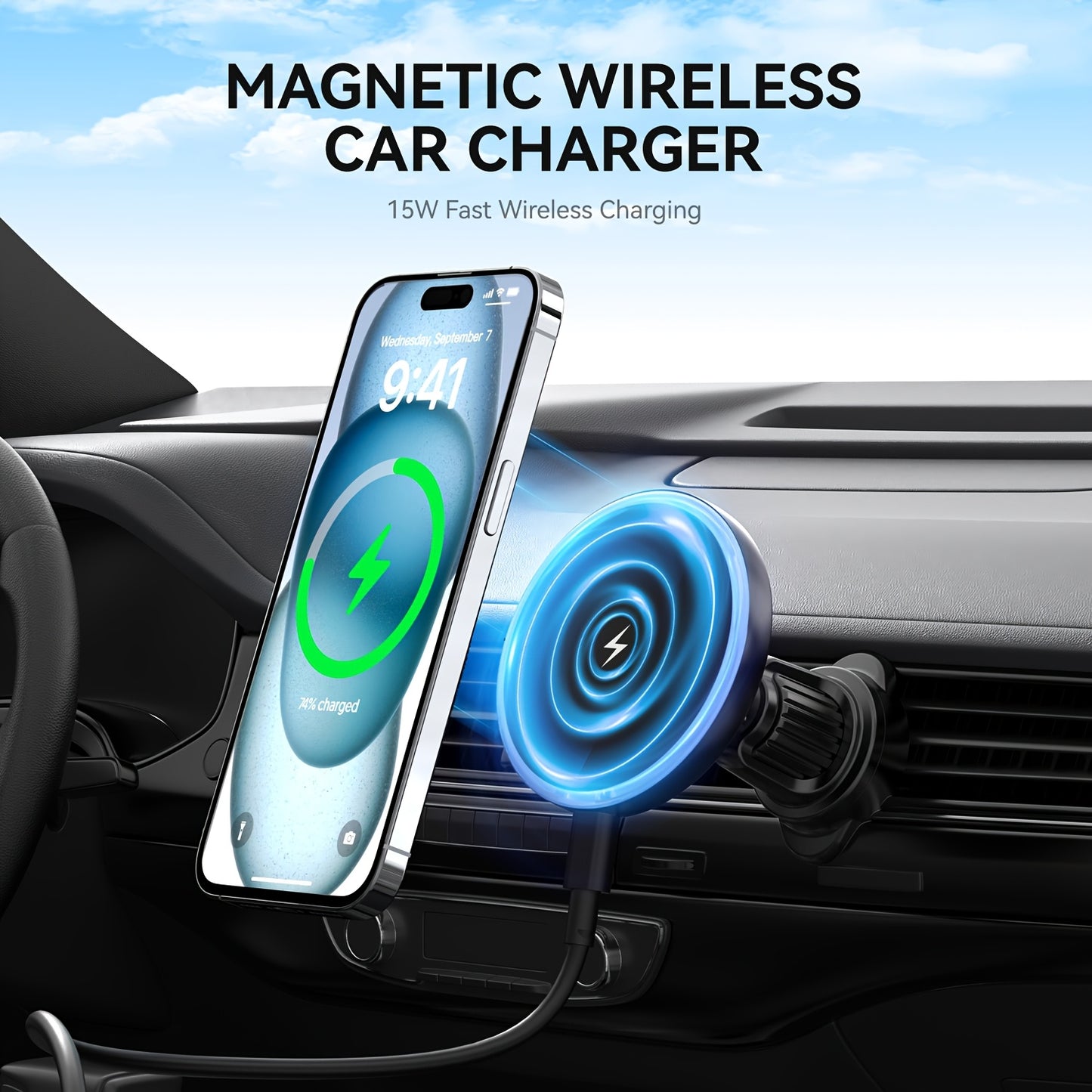 For Magsafe Car Mount, 15W Magnetic Wireless Charger for Iphone, Magsafe Air Vent Car Holder Charger for Iphone 16/15/14 13 12 Pro Max Mag Safe Case, LED Design, Without Battery