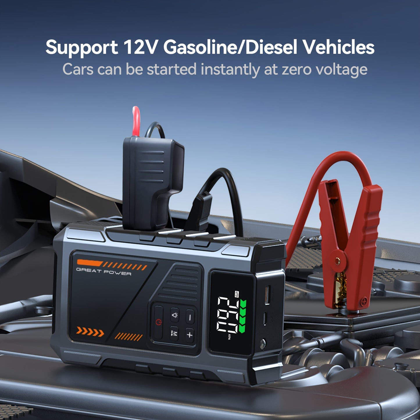 Portable Car Jump Starter with Air Compressor, Jump Starter for Car, 5000A Peak(2.11gal Gas, 1.72gal Diesel) with 150 PSI Tire Inflator, 12V Car Battery Jump Power Pack, Car Jumper Starter Portable, 5in 1 Function Jump, Battery Charger, Smart Cables