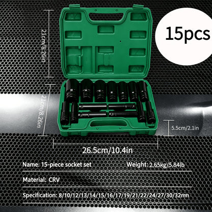 1/2-Inch Deep Impact Socket Set with Sturdy Green Storage Case, Pneumatic& Electric Drill Compatible, Ideal for Tire Removal, Mechanical Repair& Auto Maintenance