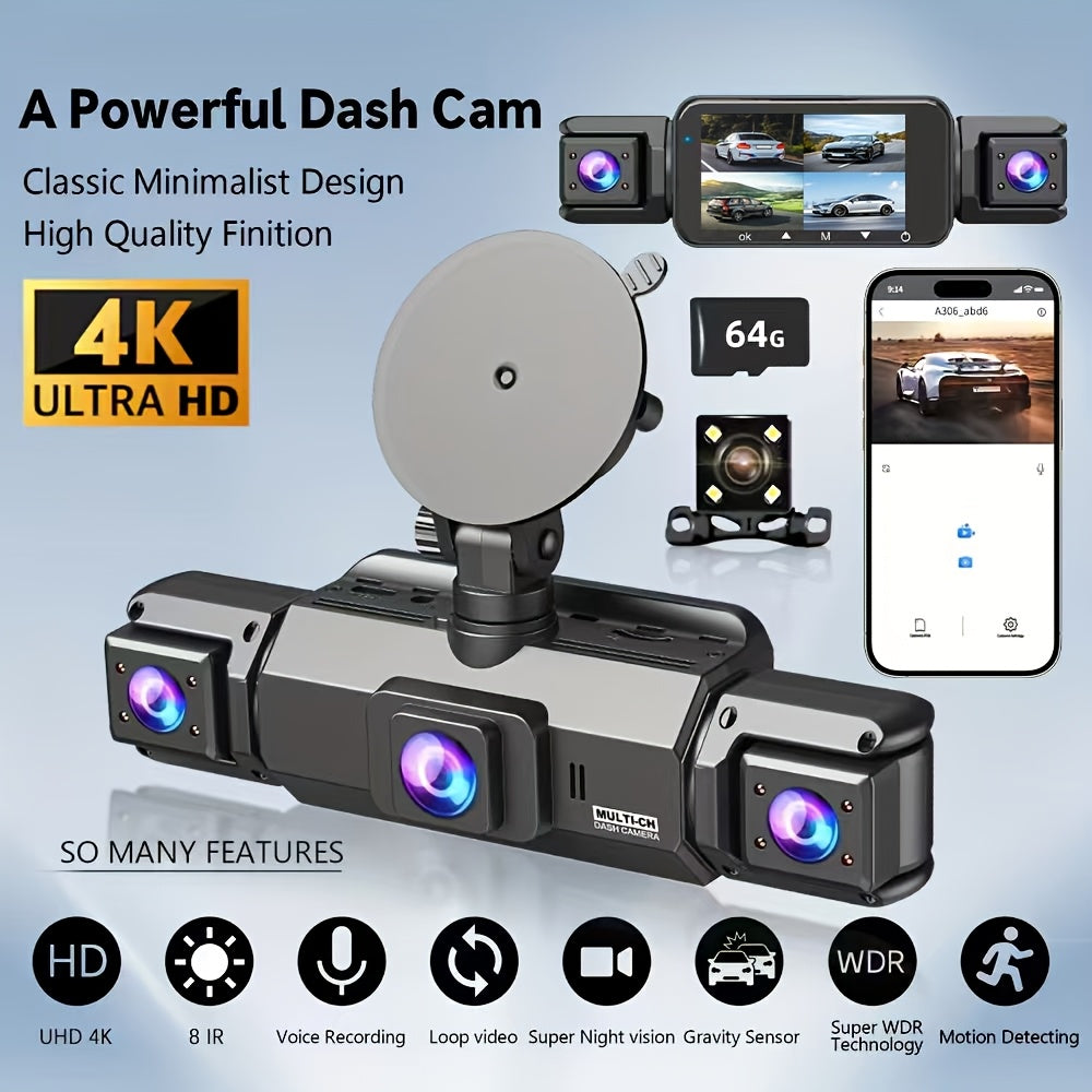 FOXGOD Dash Cam for Cars, 3/4-Channel 4K+1080P HD Ultimate Safety Driving Recorder Set, Front 4K or So Rear 1080P, Super Night Vision, WDR, G Sensor, Circular Video, Optional Memory Card and Lens - Safe Driving Black Box