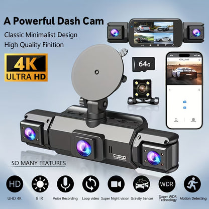 FOXGOD Dash Cam for Cars, 3/4-Channel 4K+1080P HD Ultimate Safety Driving Recorder Set, Front 4K or So Rear 1080P, Super Night Vision, WDR, G Sensor, Circular Video, Optional Memory Card and Lens - Safe Driving Black Box