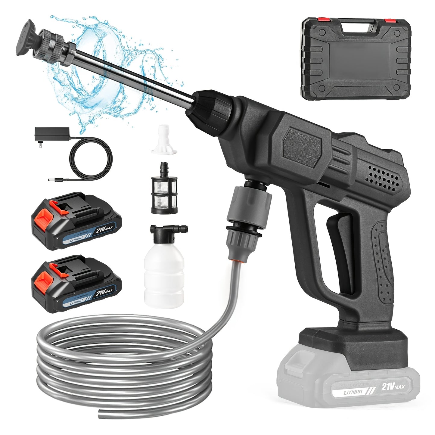 Portable High-Pressure Car Wash Machine, 500PSI Car Wash Machine, with 1/2 Batteries, 6-In-1 Nozzle, 5-Meter Hose, Portable High-Pressure Cleaning Machine for Car/Fence/Floor Cleaning And Watering, Is A Great Christmas Gift