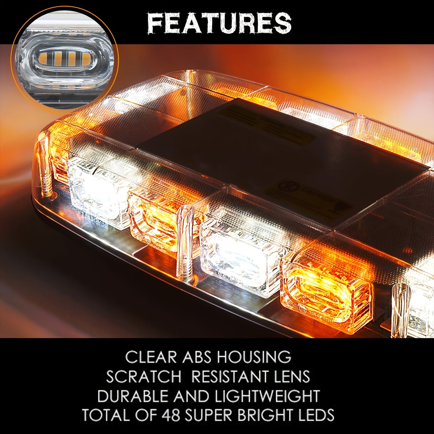 Mini Beacon Light Bar with 48 Leds And a Magnetic Base, Designed for High Visibility in Off-Road Work, Suitable for Snow Plow Trucks And Construction Vehicles - Amber And White Colors, Without Battery