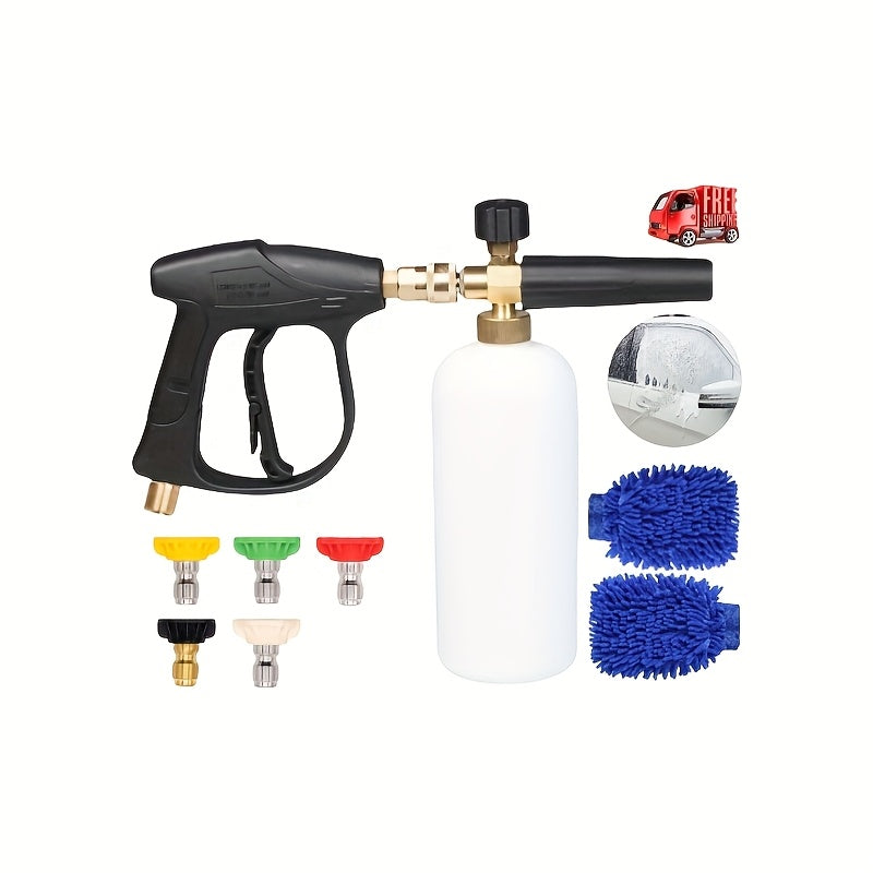 High Pressure Car Wash Foam Gun, M22-14 Thread, Heavy Duty Brass Neck with O-Ring Leak-Proof, 33.81oz Bottle, Multi-One Nozzle, Including Microfiber Washing Gloves, Easy to Connect for Quick Cleaning