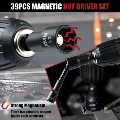 AMM 39pcs Magnetic Nut Driver Kit for Impact Drills, Featuring Both Metric And SAE Impact Driver Bits, a Bit Extension, And a Drill Bit Adapter with a 1/4" Hex Shank Made of Cr-V Steel