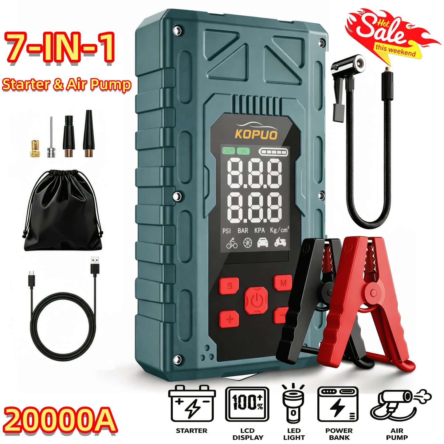 6000-20000A Peak Single Jump Starter Or 12V Portable Car Jump Starter with Air Compressor, Jump Starter Battery Pack with 150PSI Tire Inflator, 7-in-1 Multi-functional Battery Booster Power Bank with LED Light, Car Battery Charger, Roadside Assistanc