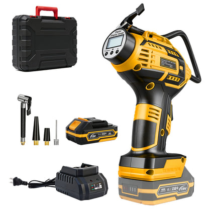 20V Portable Air Compressor, 980kPa Tire Inflator with Digital Display, Powered by NO/One/Two 1500mAh Rechargeable Battery, Includes 12V Car Adapter & Mini USB Connector, for Cars, Motorcycles, Bicycles, and Sports Balls