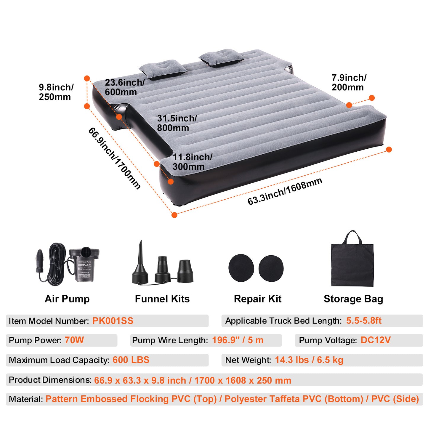 VEVOR Truck Bed Air Mattress 5.5-5.8 ft Full-Size Short Bed Inflatable with Pump