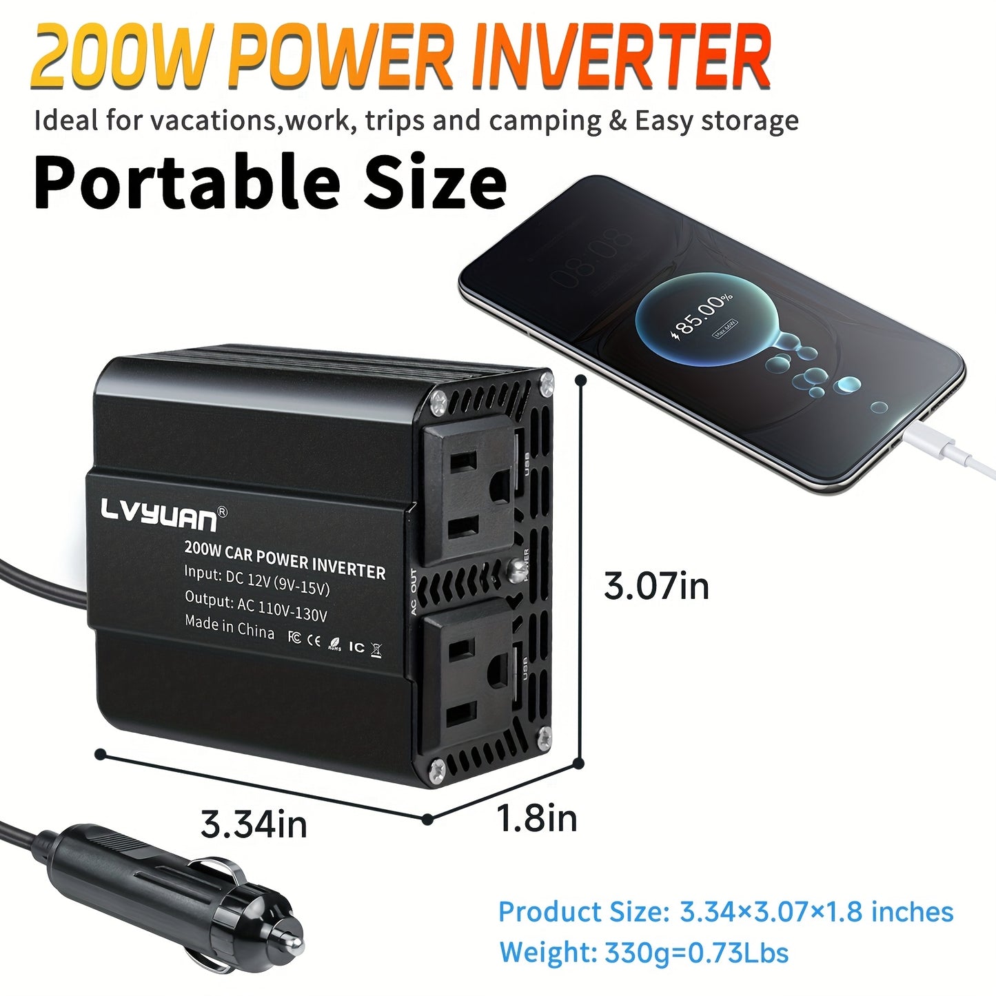 [Car Power Inverter] LVYUAN 200W/1000W/3000W Car Power Inverter DC 12V to 110V AC Converter with LCD Display Dual AC Outlets And Dual USB Car Charger for Car Home Laptop Truck Boat Red