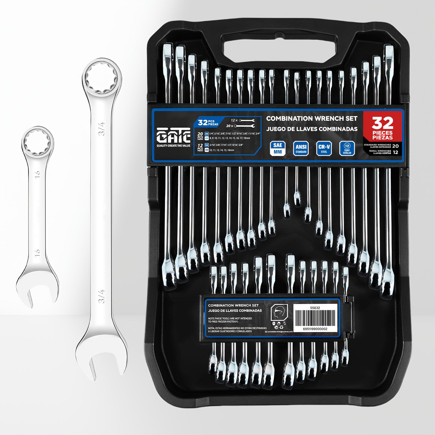 32pcs SAE & Metric Combo Wrench Set (20 Long & 12 Short-Reach Wrenches), 14pcss Premium Metric (6 - 19mm) & 14pcss SAE (1/4" - 15/16") Combo Wrenches With Open & 12-Point Box Ends, CR-V Steel, Mirror Chrome Polished