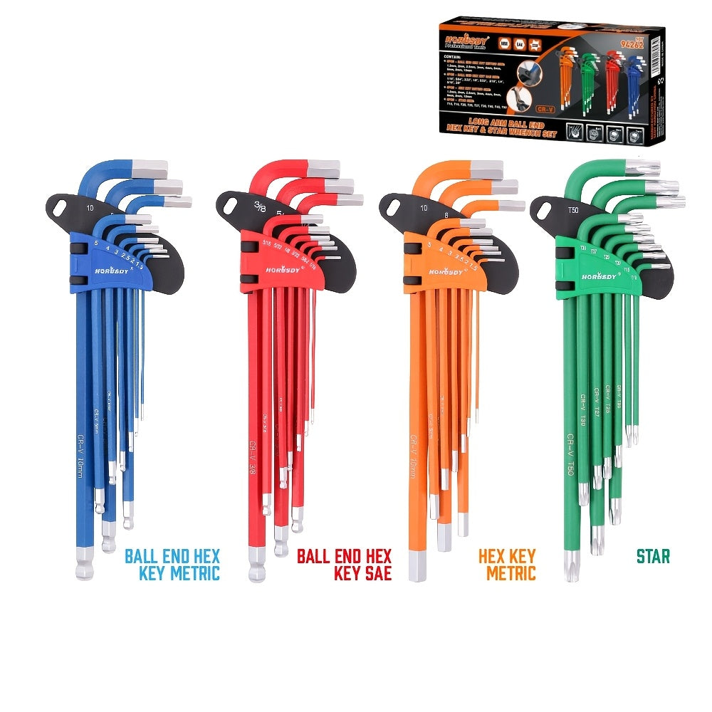 HORUSDY Hex Key Allen Wrench Set Ball End Torx Key Metric (1.5mm-10mm) & SAE (1/16"-3/8") Industrial Grade with Color Coding with T-Handle for Bicycle Repair Household DIY Chrome Vanadium Steel