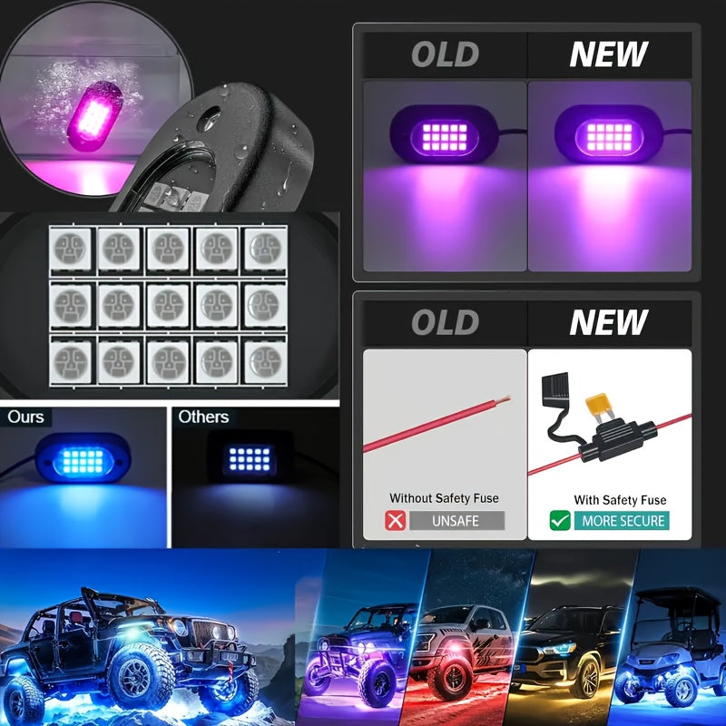 [LED Rock Lights] 8pcs And 4pcs - 15 LED/8 Pods Metal Alloy Upgraded LED Rock Lights, Suitable for Trucks, RGB LED Rock Lights with APP/Music Mode, Suitable for Jeeps, Trucks, UTVs, SUVs And Golf Carts, Neon Light Chassis Kits for Backlights, Car Accessor