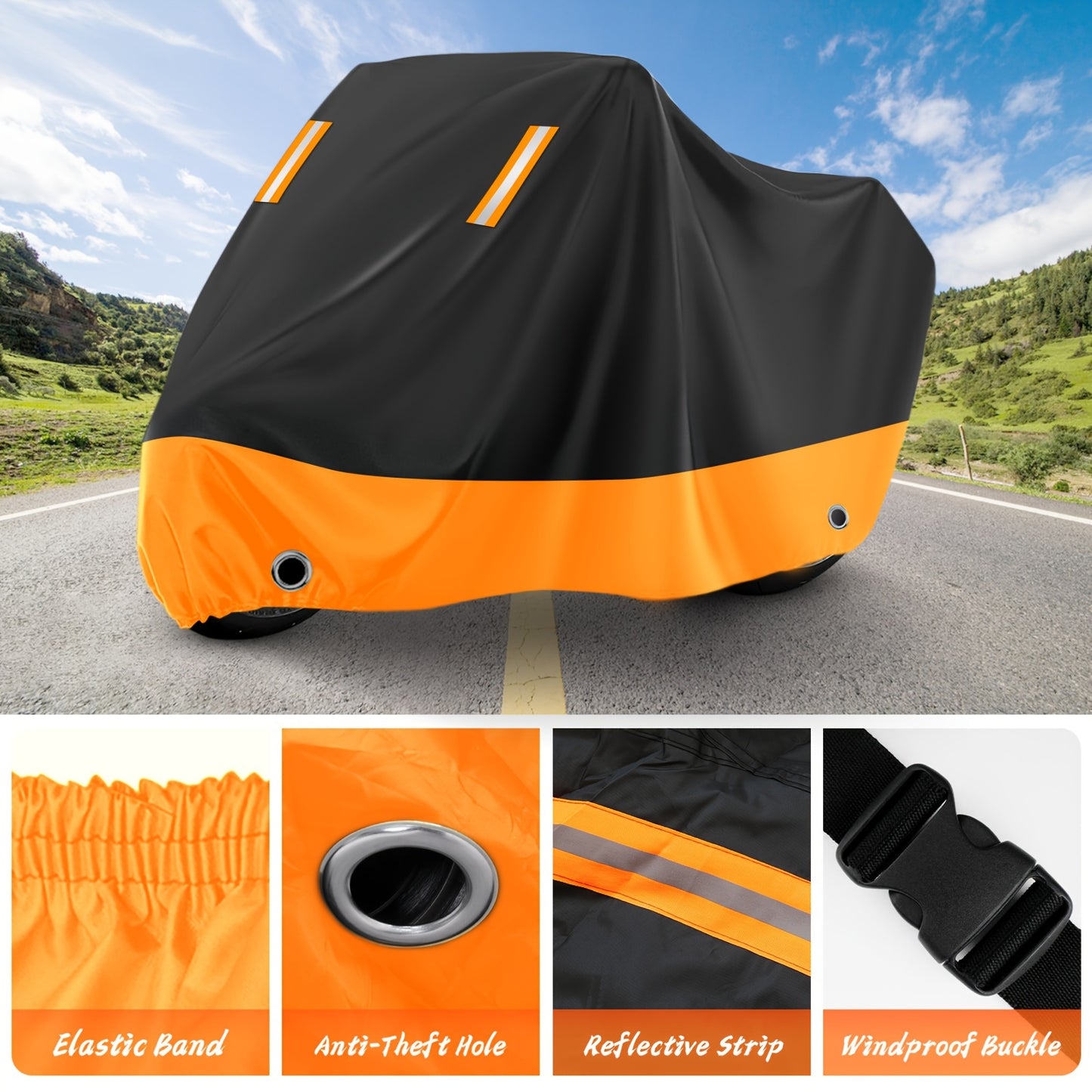 Motorcycle Cover, 210D, All-Weather Outdoor UV And Dust Protection, Protects Paintwork with Reflective Strips, Suitable for Harley-Davidson, for HONDA, And for SUZUKI (Black And Orange)